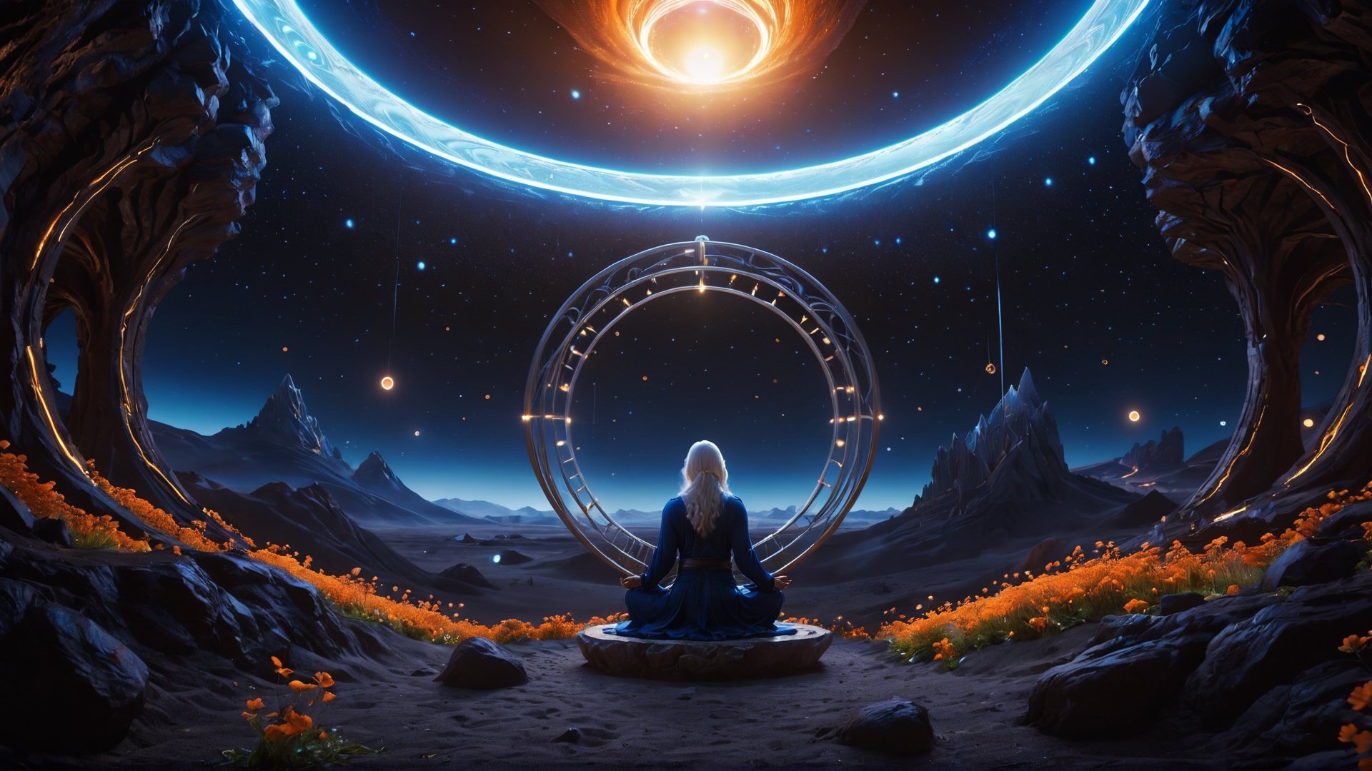 (Cinematic of a zen man Nordic kind, white long hair, hovering body, meditating. Wearing Blue Outfit Dune style, serene, center), inside a deep orange Cave, perfect knuckles, holding a hovering Cristal sharpen, cultivating immortals, magical, abstract, dark, (swirling_lights:1.7), bloom, floating object, light on top heaven, ((Epic scene, gate energy)), refers to a place of wild uproar or chaos, polarization, Glowing, aura, energy, floating debris. Modern art style, promptshare.art, horrible scene, Film Still, realistic, Frequency vibration, hyper details, Renaissance Sci-Fi Fantasy, ((((Close-up shot)))