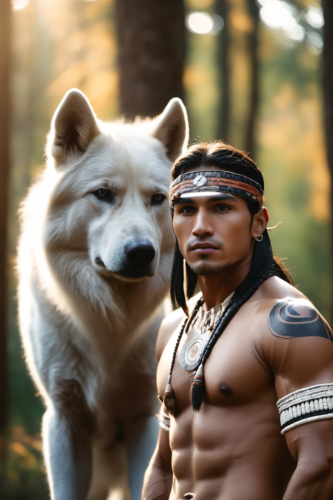 Cinematic of handsome Native Americans, Tribal warrior, brown_skin:1.2, with shaman tattoo, realistic skin, long black hair, dressed in typical tribal warrior clothing, realistic muscle, (Indian hat) | (((Giant  White Wolf from behind a man))), the wolf is bigger than the man, Cinematographic, In the middle of a deep and dark forest. Leonardo Style, realistic film shot in natural light, best quality, 8k, detailed hand, detailed finger, high detail, accessory details, cover_foot, Film Still, (Depth of field:1.3), Bokeh light, glowing,male, ((full_body shot)), (proud stance:1.5), (together)