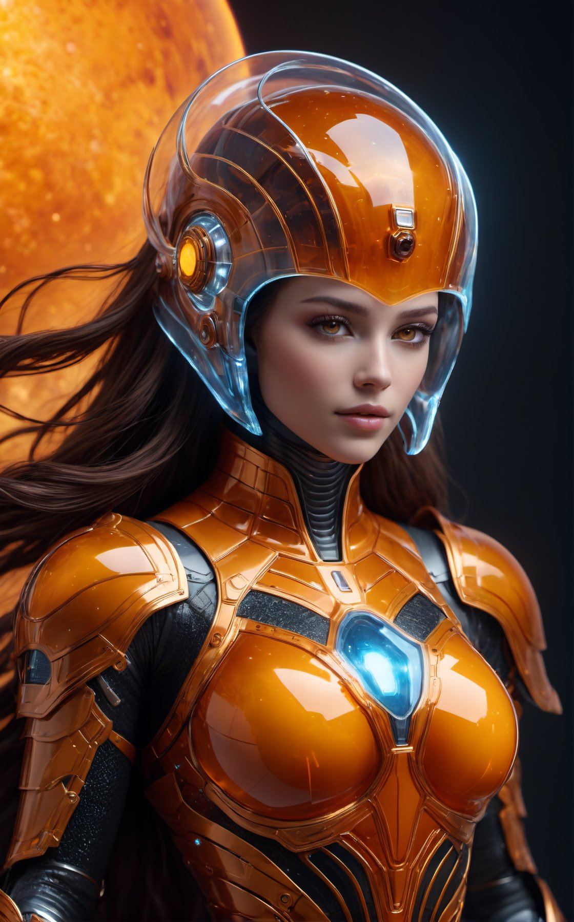 Realistic Photography of beautiful girl. Child of the earth. The queen. Standing in space. (Hovering:1.3), (levitate:1.3). The queen has a perfect detailed face, realistic, ((amber glowing eyes:1.5)), glowing energy forcefield, ((big breasts:1.4)). The frozen human body, nature, subsurface scattering, translucent skin, glow_in_the_dark, bloom. Bioluminescent orange and transparent liquid, Leonardo Style, warm color, vibrant, volumetric light, transparent helmet, stunning realistic photograph fantasy art character, full body, octane render, intricately detailed, trending on artstation, Hiperrealistic, hand drawn, dark:1.3, gritty, hight definition, neoprene, behance contest winner, ultra high definition, 8k, unreal engine 5, ultra sharp focus, intricate artwork masterpiece, epic, TanvirTamim, by artgerm, vibrant, mechanical_arms, alien_skin, (Transparent bio armor:2), Alien_humanoid, ((depth of field:1.5)), Movie Still, Film Still, Cinematic