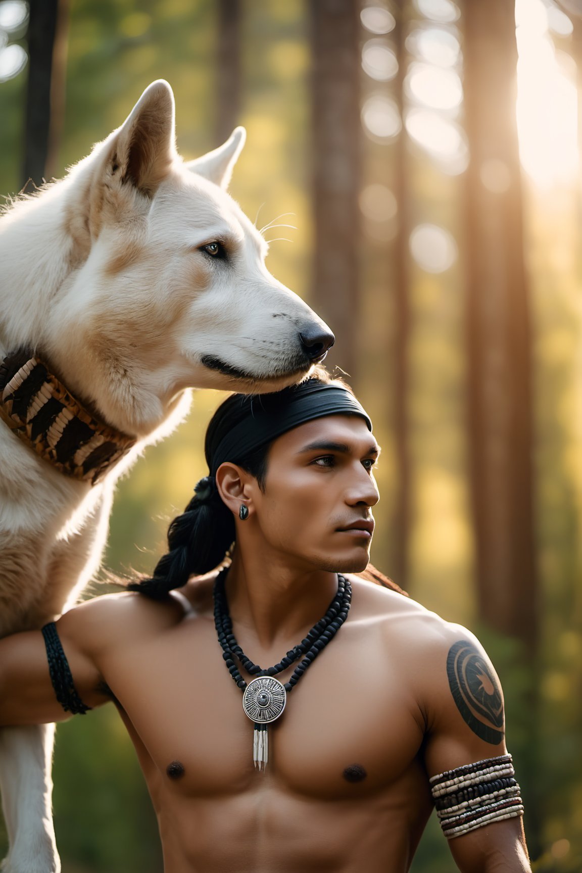 Cinematic of handsome Native Americans, Tribal warrior, brown_skin:1.2, with shaman tattoo, realistic skin, long black hair, dressed in typical tribal warrior clothing, realistic muscle, (Indian hat) | (((Giant  White Wolf from behind a man))), the wolf is bigger than the man, Cinematographic, In the middle of a deep and dark forest. Leonardo Style, realistic film shot in natural light, best quality, 8k, detailed hand, detailed finger, high detail, accessory details, cover_foot, Film Still, (Depth of field:1.3), Bokeh light, glowing,male, ((full_body shot)), face to face, looking_at_viewer