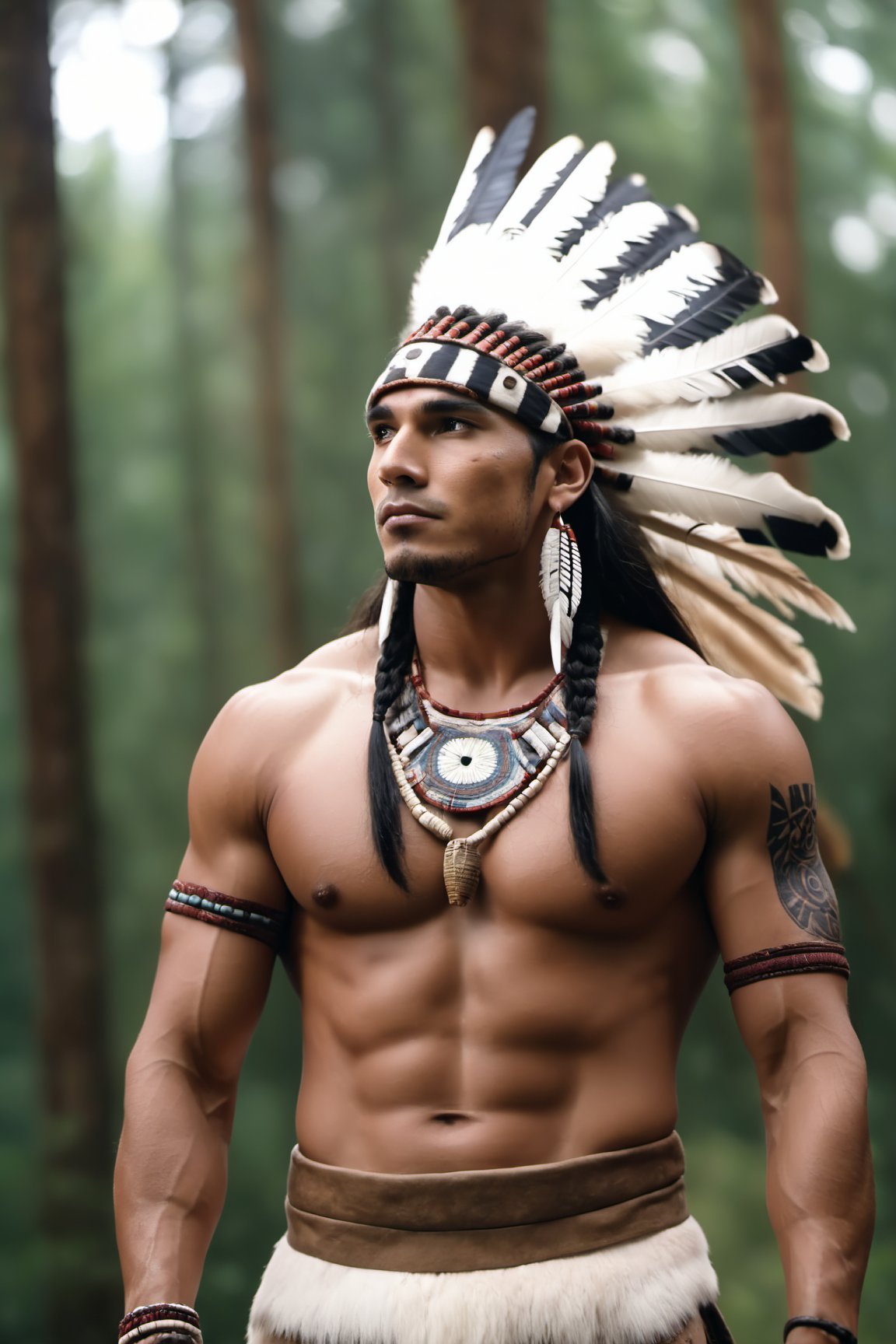 Cinematic of handsome Native Americans, Tribal warrior, brown_skin:1.2, with shaman tattoo, realistic skin, long black hair, dressed in typical tribal warrior clothing, realistic muscle, (Indian hat) | (((Giant  White Wolf from behind a man))), the wolf is bigger than the man, Cinematographic, In the middle of a deep and dark forest. Leonardo Style, realistic film shot in natural light, best quality, 8k, detailed hand, detailed finger, high detail, accessory details, cover_foot, Film Still, (Depth of field:1.3), Bokeh light, glowing,male, ((full_body shot)), (proud stance:1.5)