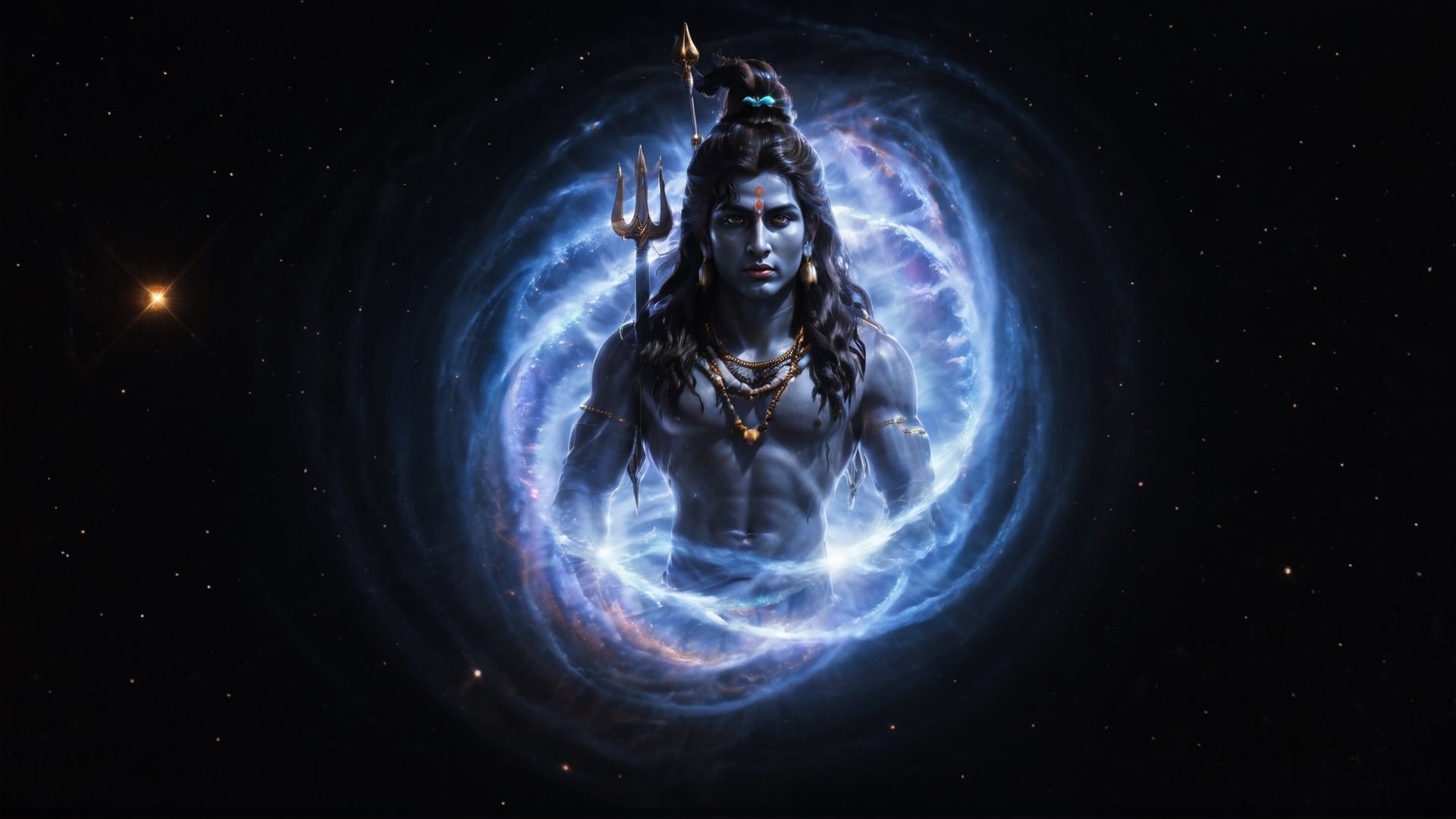 (((Cinematic a transparent of giant portrait Lord Shiva in center universe:2))), serene, Epic scene, God of destruction, stars, galaxy surround, (galaxy_way_spiral:1.5), glowing, aura, floating objects, magnetic field, sprial, spectral, astral