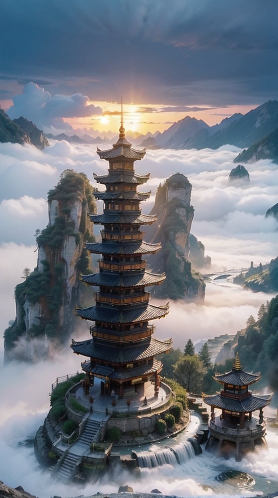 (8k, best quality, top level: 1.1), (((ancient round yard))), ((high mountains and white clouds)), is build above the clouds, ((Acient pagoda)), monks, morning glow, sunrise, background, flowing water and detailed elements below.