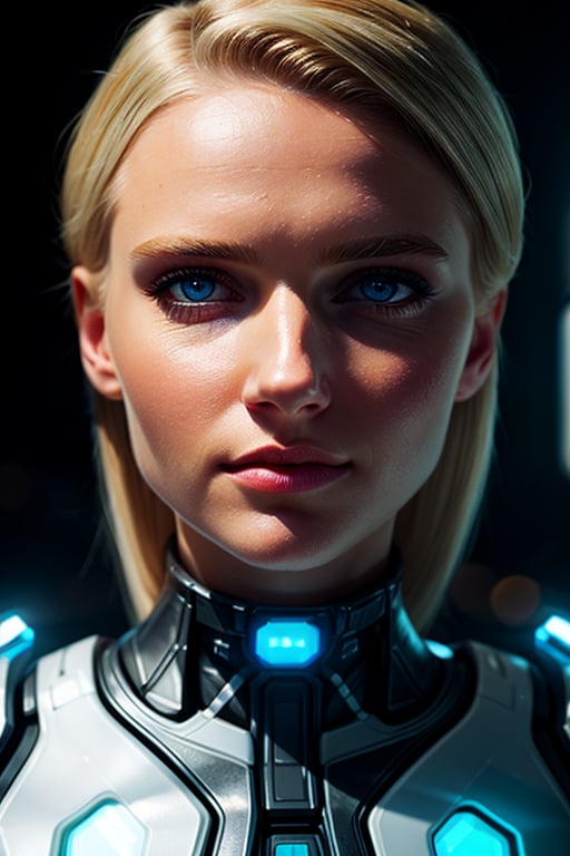 A gorgeous, angelically beautiful blonde woman from the future, dressed in a futuristic white bodysuit with small translucent panels and subtle technology, photorealistic portrait, medium length hair with undercut, crystal clear light blue eyes, confident powerful stance, intricate neon blue cybernetic accents, glowing radiant skin, cinematic backlighting, highly detailed, digital painting in the photorealistic style of Denis Loebner,perfecteyes