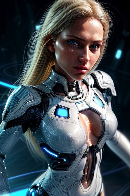 A gorgeous, angelically beautiful blonde woman from the future, dressed in a futuristic white bodysuit with small translucent panels and subtle technology, photorealistic portrait, medium length hair with undercut, crystal clear light blue eyes, confident powerful stance, intricate neon blue cybernetic accents, glowing radiant skin, cinematic backlighting, highly detailed, digital painting in the photorealistic style of Denis Loebner,perfecteyes