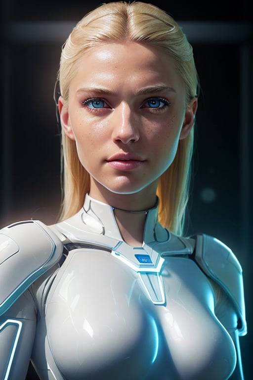 A gorgeous, angelically beautiful blonde woman from the future, dressed in a futuristic white bodysuit with small translucent panels and subtle technology, photorealistic portrait, medium length hair with undercut, crystal clear light blue eyes, confident powerful stance, intricate neon blue cybernetic accents, glowing radiant skin, cinematic backlighting, highly detailed, digital painting in the photorealistic style of Denis Loebner,perfecteyes