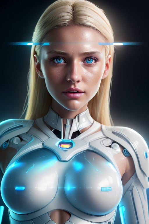 A gorgeous, angelically beautiful blonde woman from the future, dressed in a futuristic white bodysuit with small translucent panels and subtle technology, photorealistic portrait, medium length hair with undercut, crystal clear light blue eyes, confident powerful stance, intricate neon blue cybernetic accents, glowing radiant skin, cinematic backlighting, highly detailed, digital painting in the photorealistic style of Denis Loebner,perfecteyes