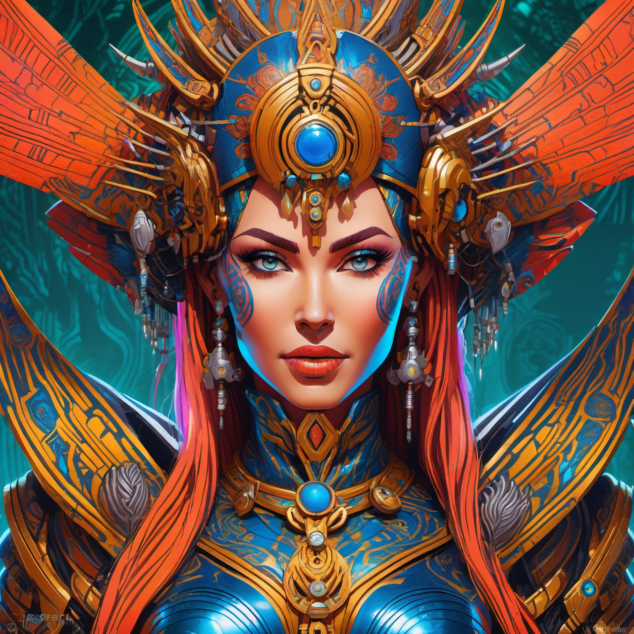 beautiful female evil cyborg druid android queen, ultra realistic, concept art, intricate details, 8k, art by todd mcfarlane and greg rutkowski,oni style,cyberpunk style, psychedelic, trippy, insanely colorful, vibrant colors, sharp focus, intricate iris, symmetrical,Leonardo Style