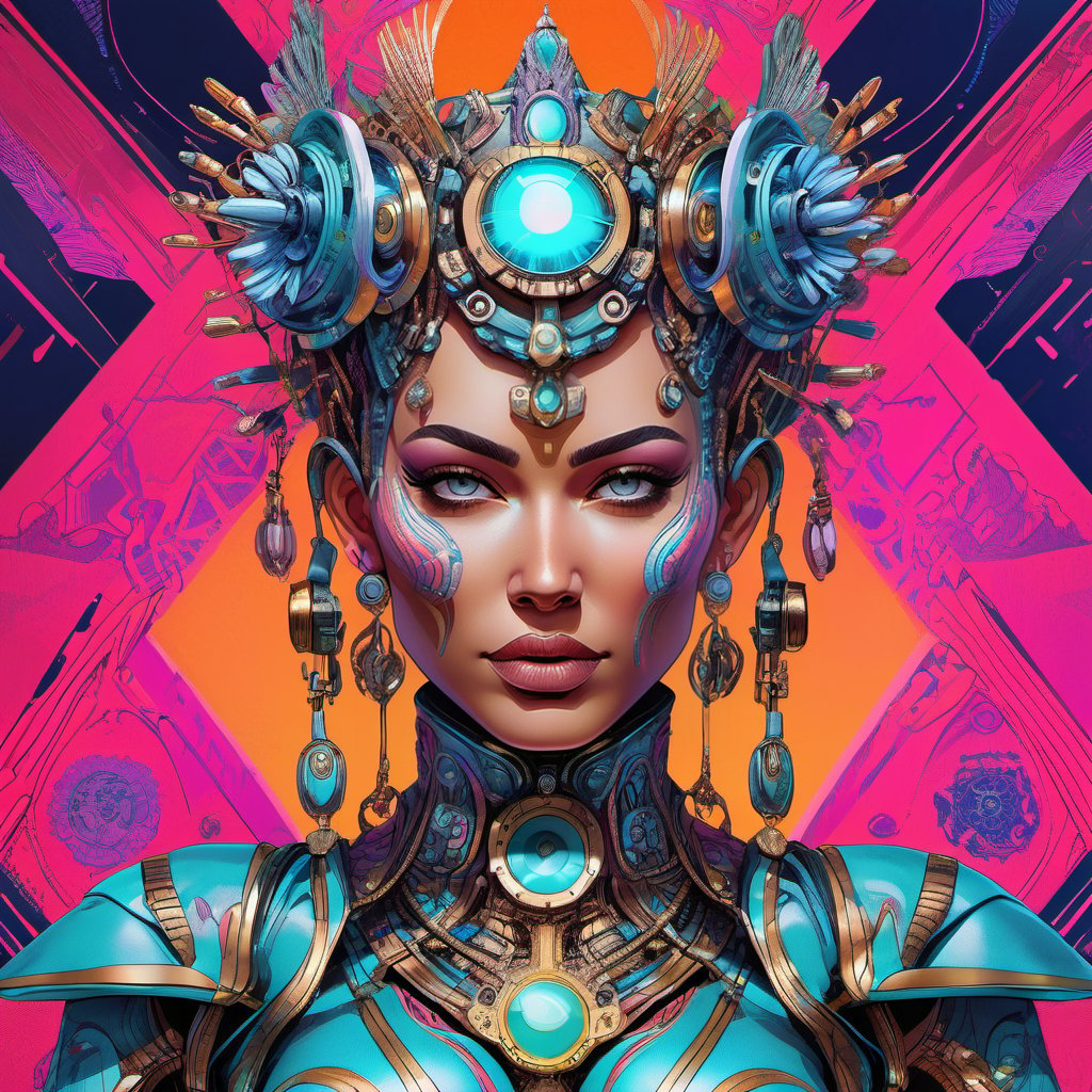 beautiful female evil cyborg druid android queen, ultra realistic, concept art, intricate details, 8k, art by todd mcfarlane and greg rutkowski,dfdd,vaporwave style,oni style,steampunk style,cyberpunk style, psychedelic, trippy, insanely colorful, vibrant colors, sharp focus, intricate iris, symmetrical