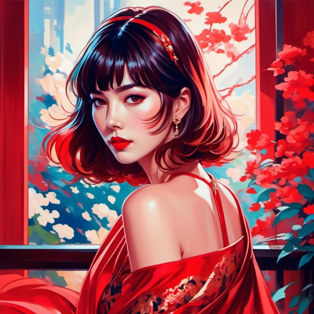 Surrealist art anime portrait of nanno as a beautiful woman, medium long bob, straight bangs, wearing red ornate dress, ilya kuvshinov, anime, pixiv top monthly, trending on artstation, cinematic, danbooru, zerochan art, kyoto animation
. Dreamlike, mysterious, provocative, symbolic, intricate, detailed,dripping paint,Leonardo Style