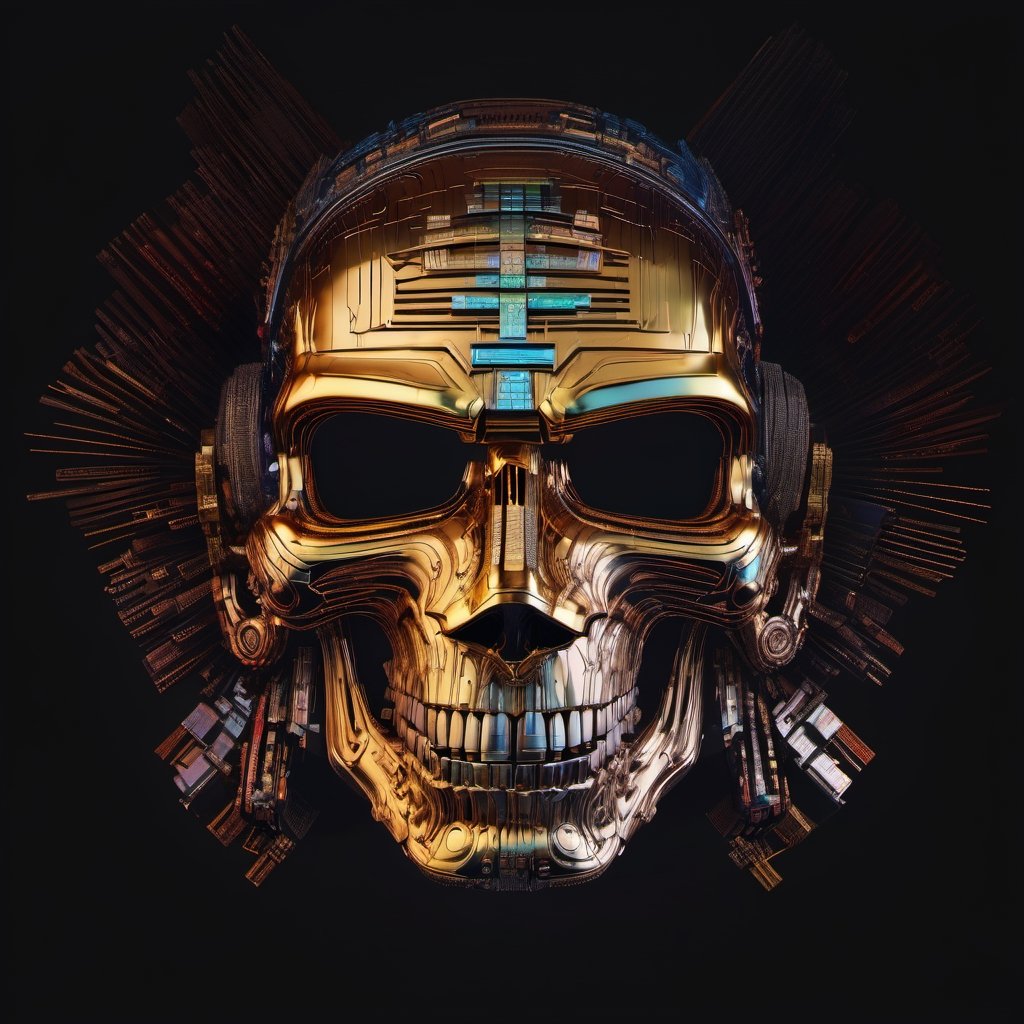 Bismuth skull, terminator, intricate circuitry, staring at camera, ai, electronics, detailed, sharp focus, cyborg,oni style