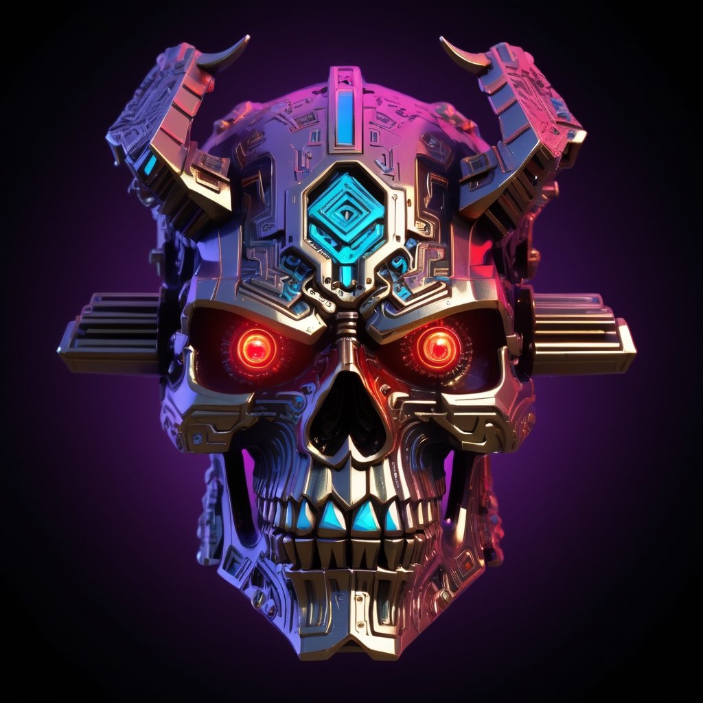 bismuth skull, metal, terminator, intricate circuitry, staring at camera, ai, electronics, detailed, sharp focus, colorful, cyborg,  (grin:0.85), (cybernetic red eyes:1.1), (horns:0.9), oni style,with blacklight makeup,Leonardo Style