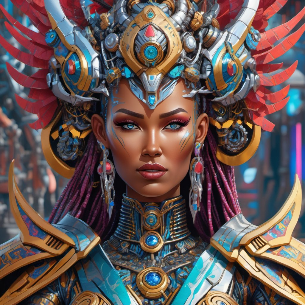 beautiful female evil cyborg druid android queen, ultra realistic, concept art, intricate details, 8k, art by todd mcfarlane and greg rutkowski,oni style,cyberpunk style, psychedelic, trippy, insanely colorful, vibrant colors, sharp focus, intricate iris,Leonardo Style,greg rutkowski,cyborg style