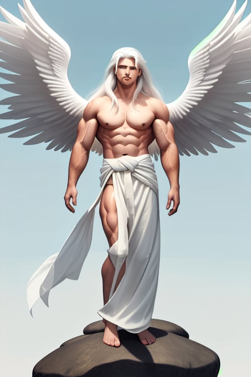 standing on a boulder, handsome guy, large angel wings, green-eyes, long white hair, muscular, with white cloth covering half of his body