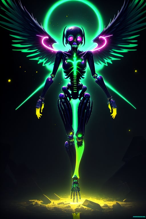 cosmic environment, rotten fallen archangel, ((yellow glowy eyes)), biomechanical, eerie, creepy, nightmarish, very bright colors, splash of teal and magenta, light particles, bioluminescence, Mschiffer, wallpaper art, UHD wallpaper