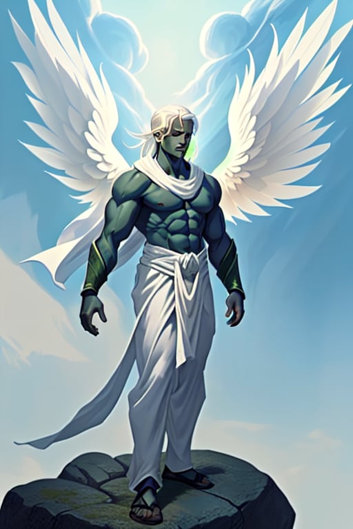 standing on a boulder, handsome guy, large angel wings, green-eyes, long white hair, muscular, with white cloth covering half of his body,drow