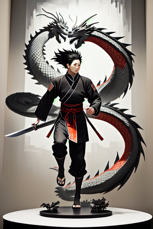 Raw Photo, Top Quality, Masterpiece, Super Resolution, (Photorealistic: 1.4), 1 Person, 1 Hand with Big Long Sword, Two Handed Fu, Kung Master Cloth, Wave, Traditional Chinese Ink Style, Maiden Dragon slayer, main colors are red, white and black ink, dynamic poses, movement, full body :: 1 Surprisingly correct image of environmental art movie in oil painting, diorama, intricate detail, solo, dress, floating_hair