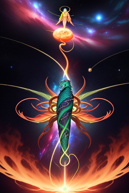 In a dimension where stars collide, the legendary Orochi serpent emerges as an embodiment of celestial fury. Its body is a symphony of radiant colors, mirroring the birth of stars. Its eyes blaze with cosmic fire, and tendrils of energy arc around its form like ethereal lightning. The serpent's presence commands both awe and fear, as it harnesses the power of the cosmos itself, Amidst a cosmic maelstrom, where galaxies spiral and stars explode, the serpent reigns supreme, Epic, cataclysmic, and transcendent, evoking the power of celestial forces.Style: Ultra-realistic digital painting with intricate details and a dynamic interplay of colors.Execution: Rendered in a hyper-realistic style, using advanced digital techniques to capture the complex interstellar environment and the serpent's celestial energy, 