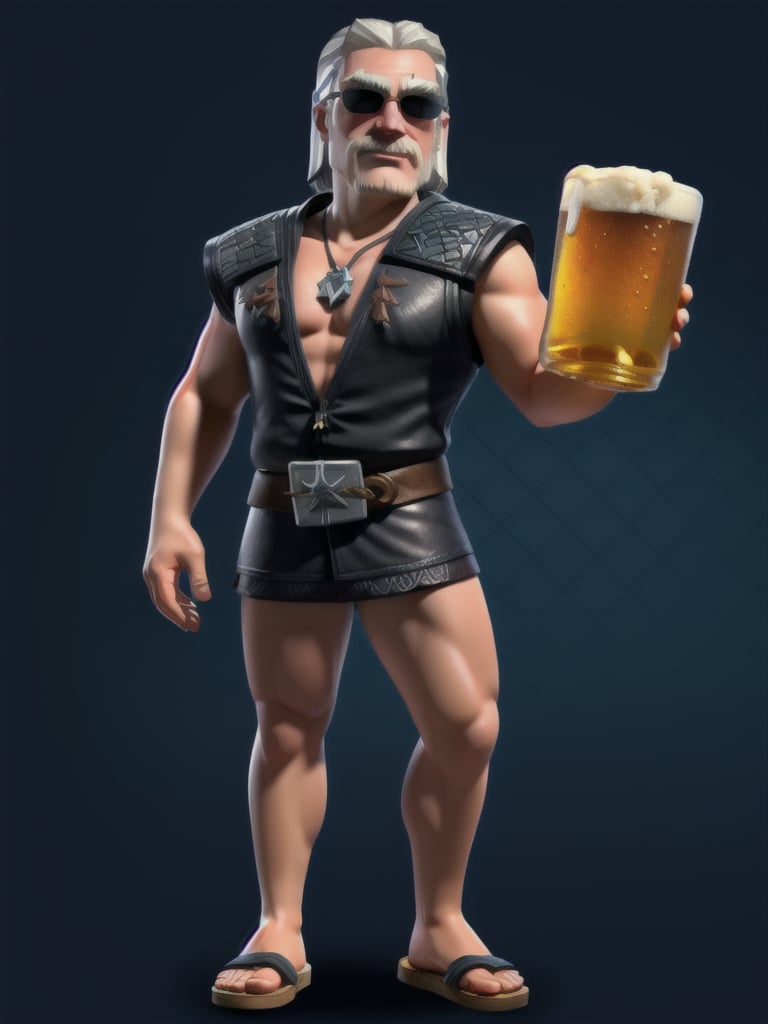 ((full body):1.5), Geralt of Rivia from the Witcher, summery, showing pectorals, sunglasses on his head, wearing swimsuit, has a beer in a hand, has flip flops, 16k, high quality, high details, UHD, masterpiece, green background