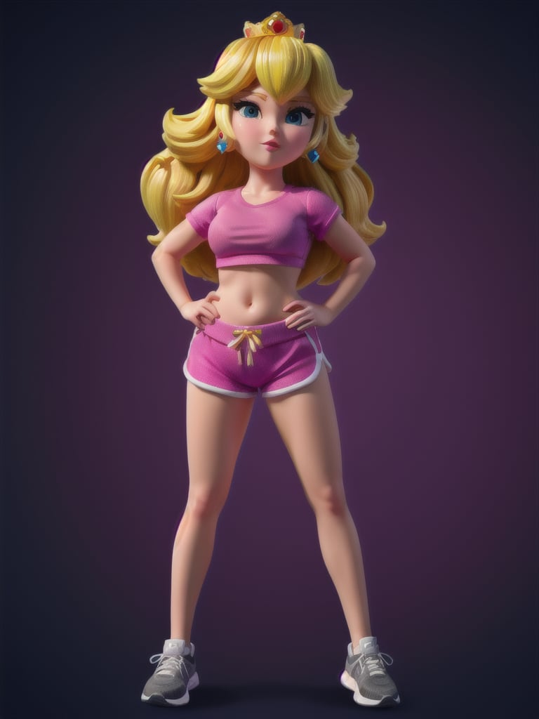 ((full body):1.5), Princess Peach, wearing black top, showing belly button, has pink shorts, has sport shoes, 16k, high quality, high details, UHD, masterpiece, blue background