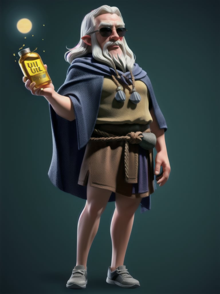 ((full body):1.5), Gandalf form Lord of the Rings, sunglasses on his head, wearing a gray cape, showing torso, has a sun cream bottle in one hand, 16k, high quality, high details, UHD, masterpiece, green background