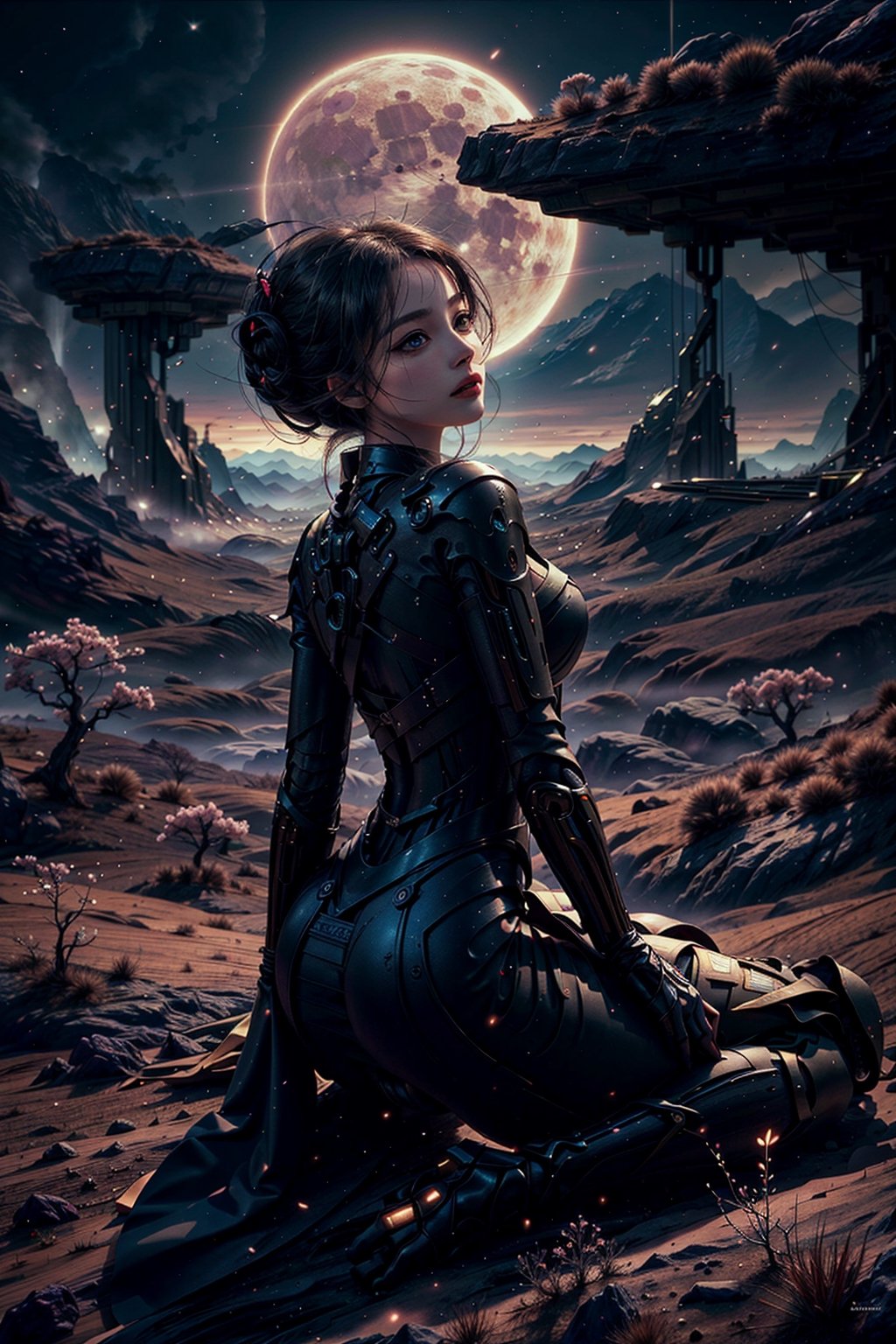 Girl, gorgeous women, wonderful face, sitting and seeing a flower valley of mountain, cherry blossom near the girl, back pose ,translucent Sci-fi dress, revealing dress, Twilight, cosmic skay,auras , moon, dark mode,windy,flowy dress, the images should be very detailed, flawless beautiful pictures, flawless background, realistic, hyper releastic, (closeup shot:1.1),masterpiece:1.2, High quality:1.2,High detailed,(Sci-fi environment:1.2)