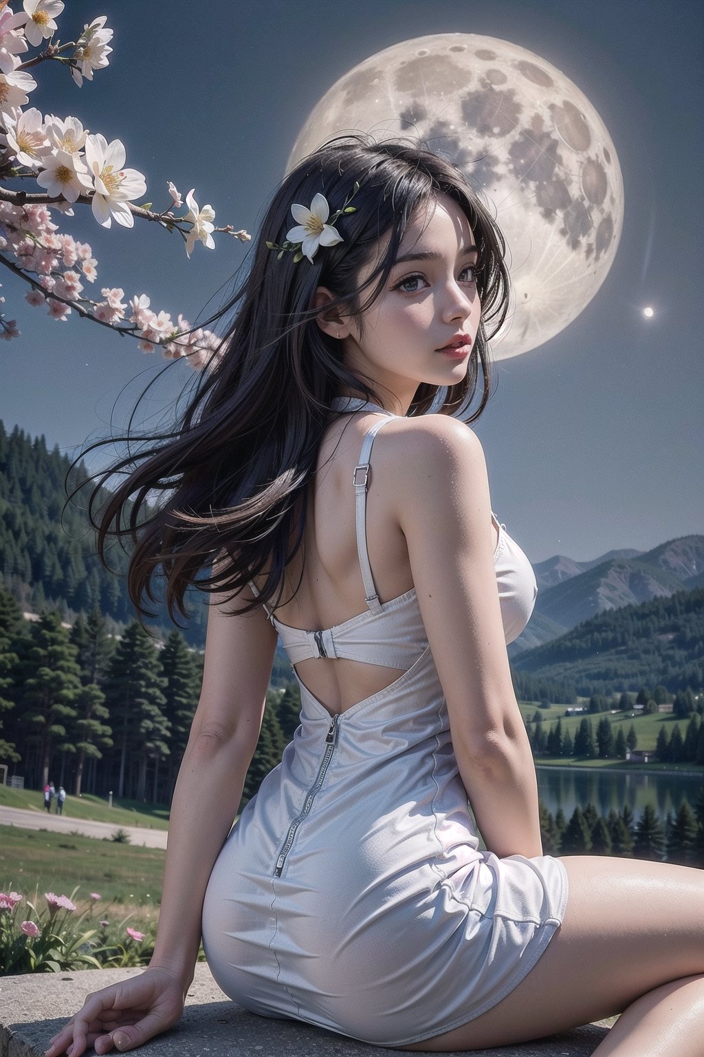 Girl, gorgeous women, wonderful face, sitting and seeing a flower valley of mountain, cherry blossom near the girl, back pose ,translucent dress, revealing dress, Twilight, cosmic skay,auras , moon, dark mode,windy,flowy dress, the images should be very detailed, flawless beautiful pictures, flawless background, realistic, hyper releastic, masterpiece:1.2, High quality:1.2,High detailed 