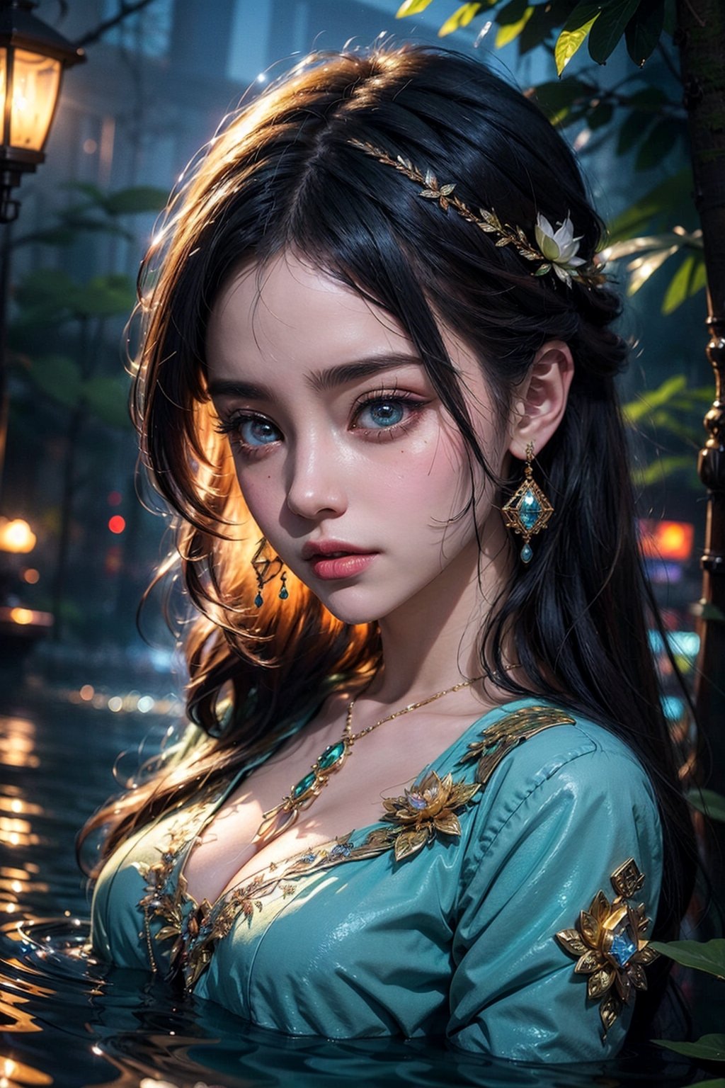 1girl,gorgeous, bathing in a pond, sheer royal paste color dress, cleavage, (wearing ornaments:1.3), round crystal pendant the pond full of lotus:1.3, the pond sorrounded by magical Jungle without birlds and butterflies, the shot  is flim style, cinematic, vivid color,8k resolution, hyperrealistic, detailed face detailedskin , the background show be flawless beautiful, flawless images,(closeup shot:1.2),masterpiece, best quality, realistic, ultra highres, depth of field, (full dual colour neon lighting:1.2), (hard dual colour lighting:1.4), (detailed face:1.2), (detailed eyes:1.2), (detailed background), (masterpiece:1.2), (ultra detailed), (best quality), intricate, comprehensive cinematic, magical photography, (gradients), colorful, detailed landscape, visual key,glitter,Detailedface