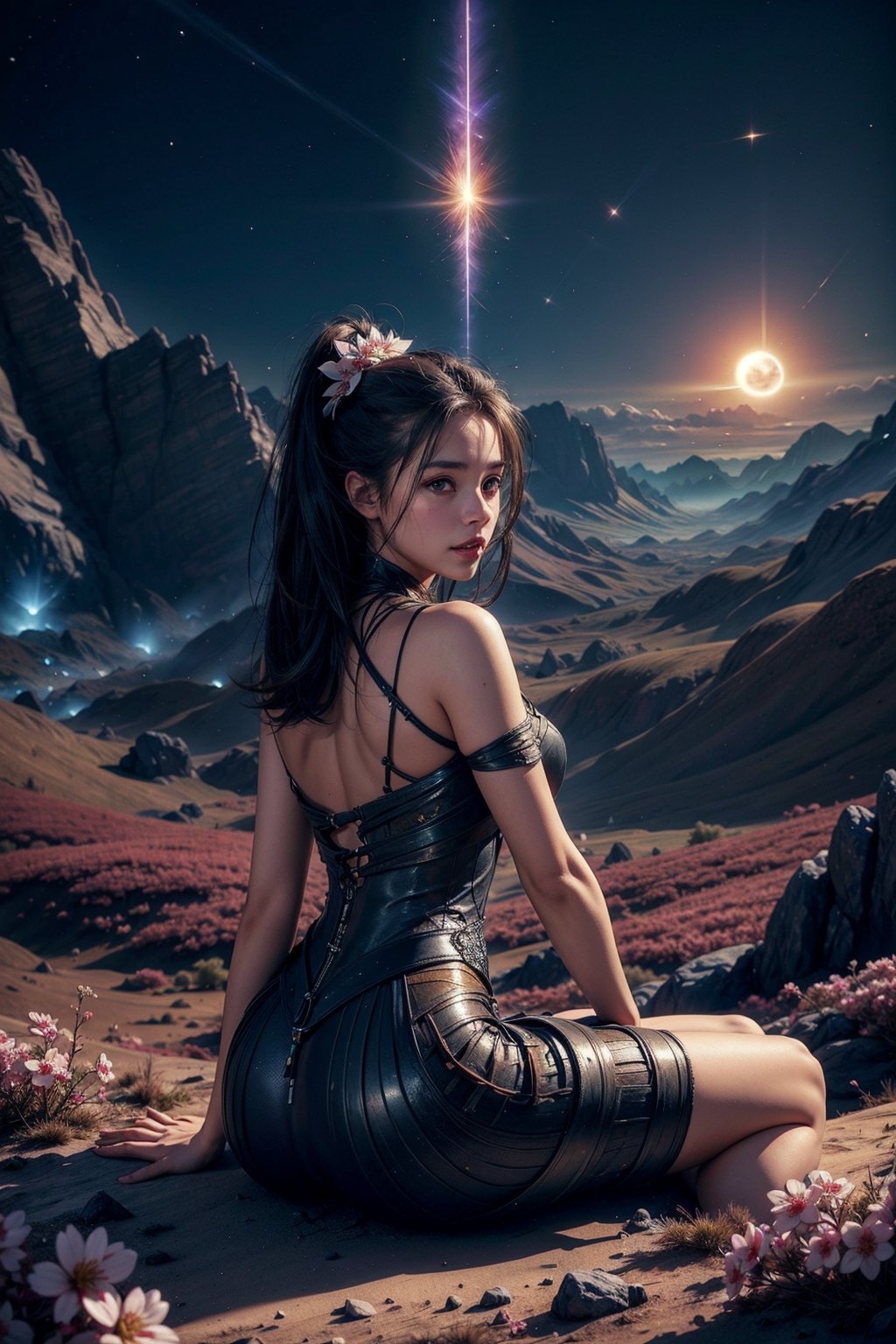 Girl, gorgeous women, wonderful face, sitting and seeing a flower valley of mountain, cherry blossom near the girl, back pose ,translucent Sci-fi dress, revealing dress, Twilight, (cosmic sky,auras:1.2), moon, dark mode,windy,flowy dress, the images should be very detailed, flawless beautiful pictures, flawless background, realistic, hyper releastic, (closeup shot:1.1),masterpiece:1.2, High quality:1.2,High detailed,(Sci-fi environment:1.2)