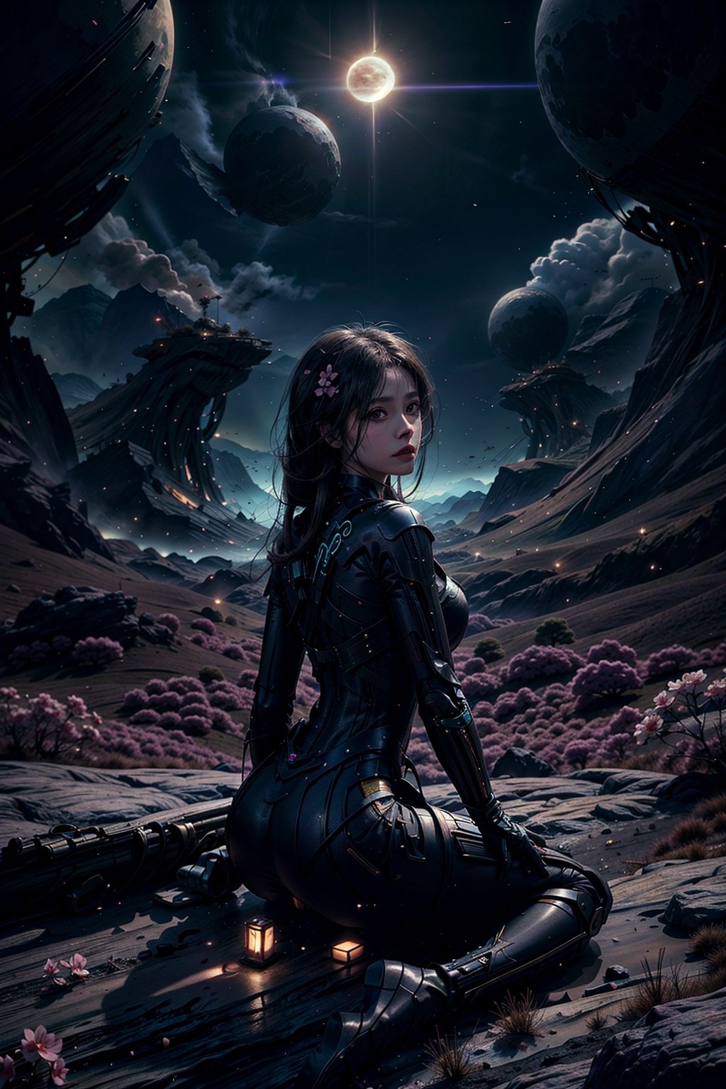 Girl, gorgeous women, wonderful face, sitting and seeing a flower valley of mountain, cherry blossom near the girl, back pose ,translucent Sci-fi dress, revealing dress, Twilight, cosmic skay,auras , moon, dark mode,windy,flowy dress, the images should be very detailed, flawless beautiful pictures, flawless background, realistic, hyper releastic, (closeup shot:1.1),masterpiece:1.2, High quality:1.2,High detailed,(Sci-fi environment:1.2)