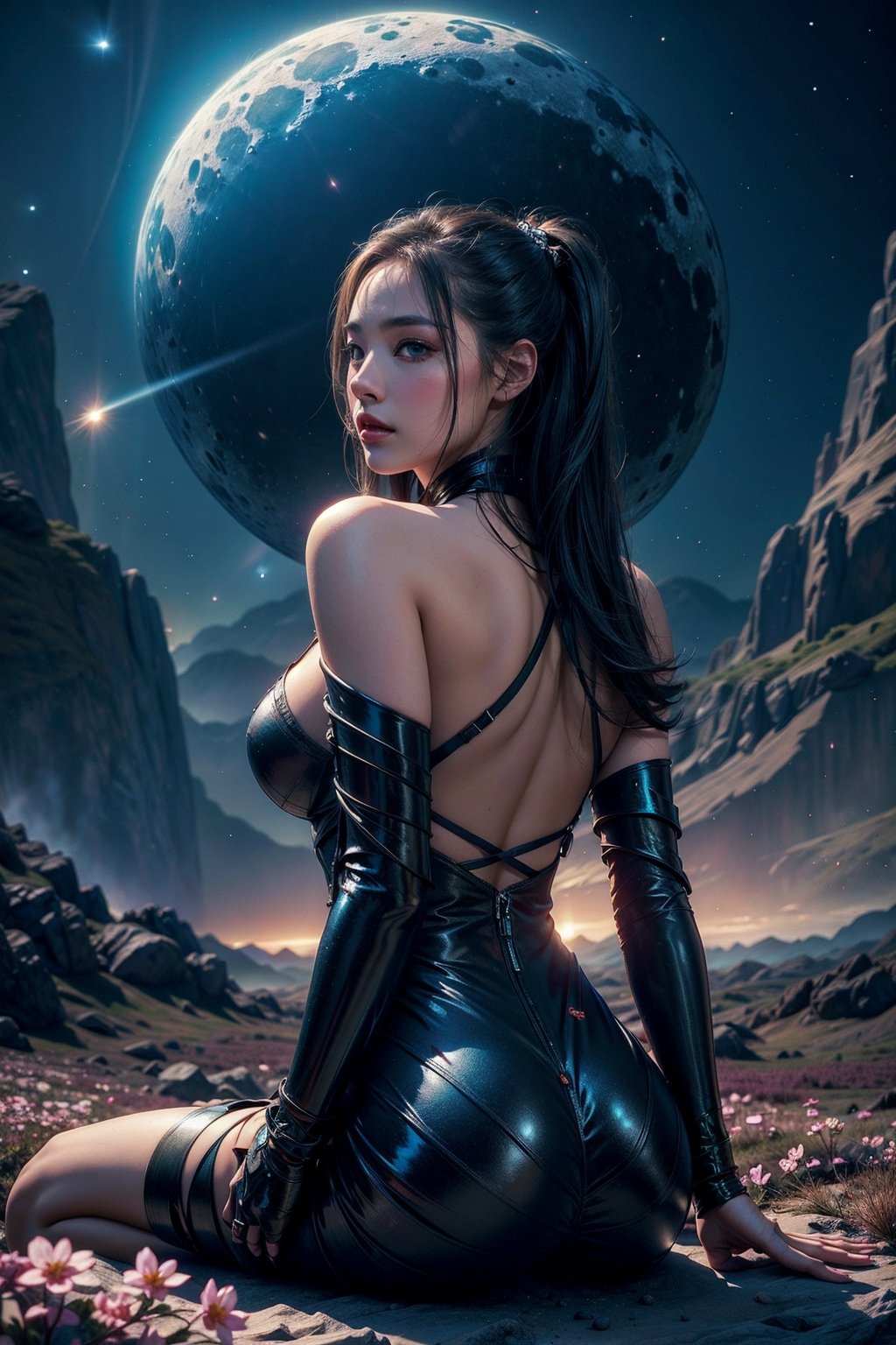 Girl, gorgeous women, wonderful face, sitting and seeing a flower valley of mountain, cherry blossom near the girl, back pose ,translucent Sci-fi dress, revealing dress, Twilight, (cosmic sky,auras:1.2), moon, dark mode,windy,flowy dress, the images should be very detailed, flawless beautiful pictures, flawless background, realistic, hyper releastic, (closeup shot:1.1),masterpiece:1.2, High quality:1.2,High detailed,(Sci-fi environment:1.2)