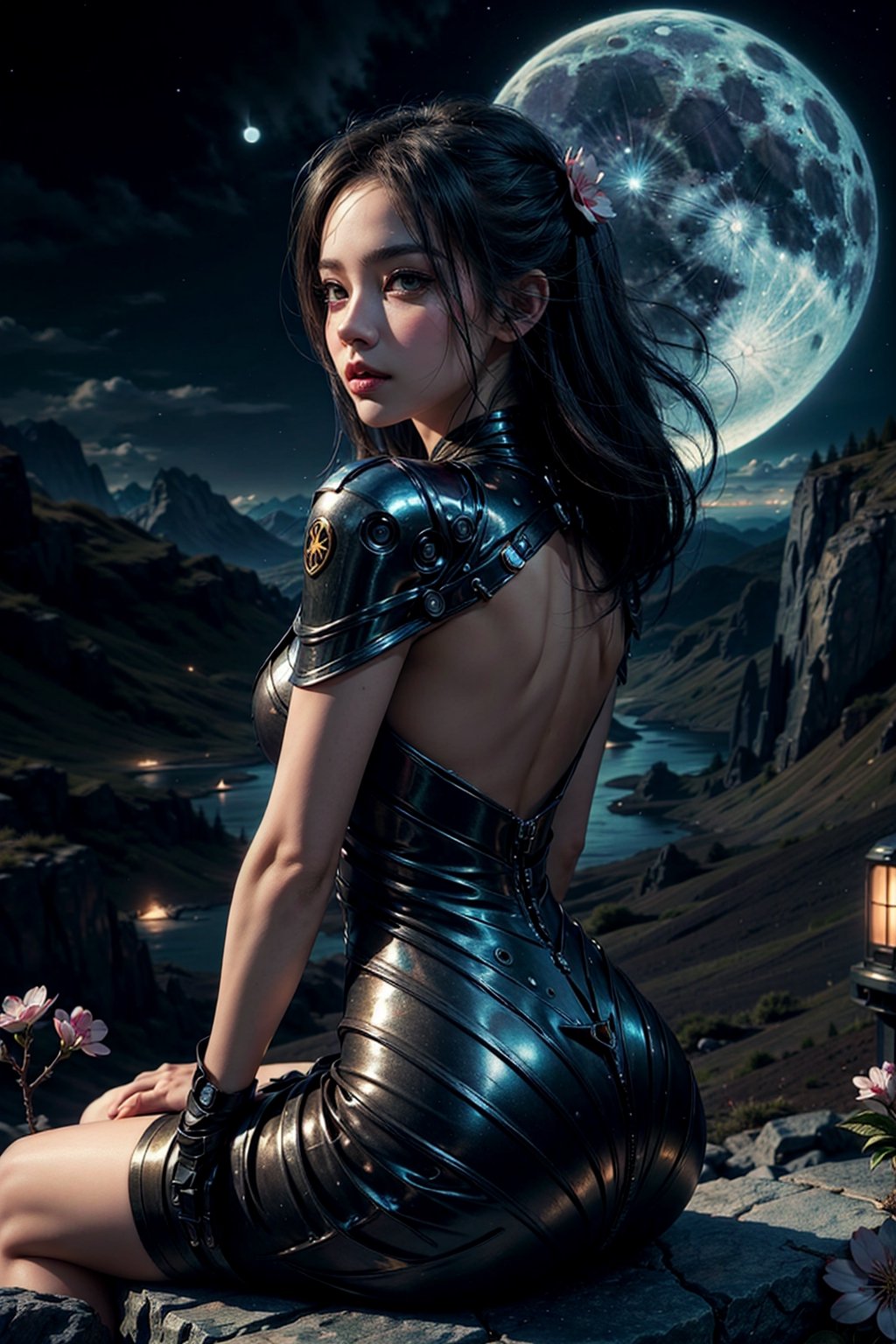 Girl, gorgeous women, wonderful face, sitting and seeing a flower valley of mountain, cherry blossom near the girl, back pose ,translucent Sci-fi dress, revealing dress, Twilight, cosmic skay,auras , moon, dark mode,windy,flowy dress, the images should be very detailed, flawless beautiful pictures, flawless background, realistic, hyper releastic, (closeup shot:1.1),masterpiece:1.2, High quality:1.2,High detailed,(Sci-fi environment:1.2)