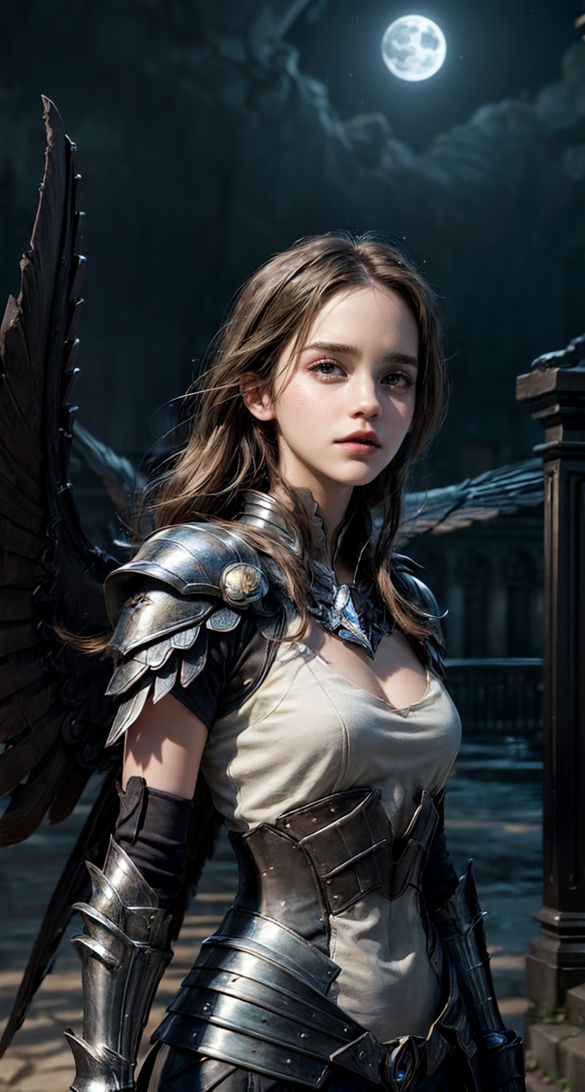 Emma Watson,(((armoured tops))),((((armoured wings attached to body)))) tight fit, standing shiny face and eyes,flowy hair.(((dreamy ethereal world background))), giant tall building,ancient, futuristic,hard light, cinematic shot ((,low angle photography)), realistic, realism, Ultra Realistic,HDR,hd, High quality.,emwt,foreground,moonlight reflection,Arthur,Detailedface,Detailedeyes,frostblade irelia, 1girl