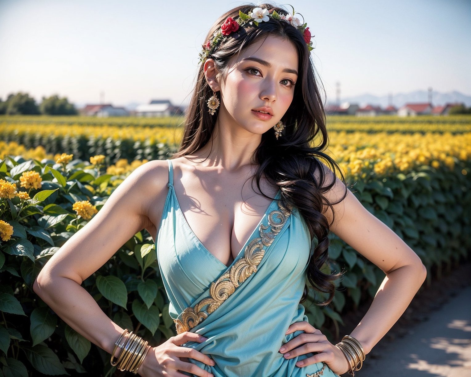 1girl, indian_style, cleavage, slim body, bellybutton, sky blue sheer see-through dress, chiffon fabric, standing , (resting one hand on hip:1.3), princess ornaments, hand accessories of gold and color glass, (background of a flower farm:1.3) , greenery, sun set background,  girl face the camera, mild wind , (dress floating on wind:1.2), cinematic shot, best quality realistic photography, realistic epic shot, very detailed face hand and body, flawless beautiful, mood setting theme, pastels colours , flower garland hanging.,High detailed ,1girl, roujinzhi,Saree,Detailedface,tibet