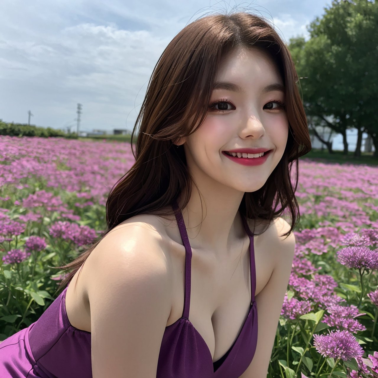 photorealistic, masterpiece, best quality, raw photo, 1girl, korean, beautiful face, extremely detailed face, (summer dress:1.2), flower field, character focus, seductive smile, cleavage, kneeling, knees, dynamic lighting, in the dark, deep shadow, low key, cowboy shot,yejiltzy