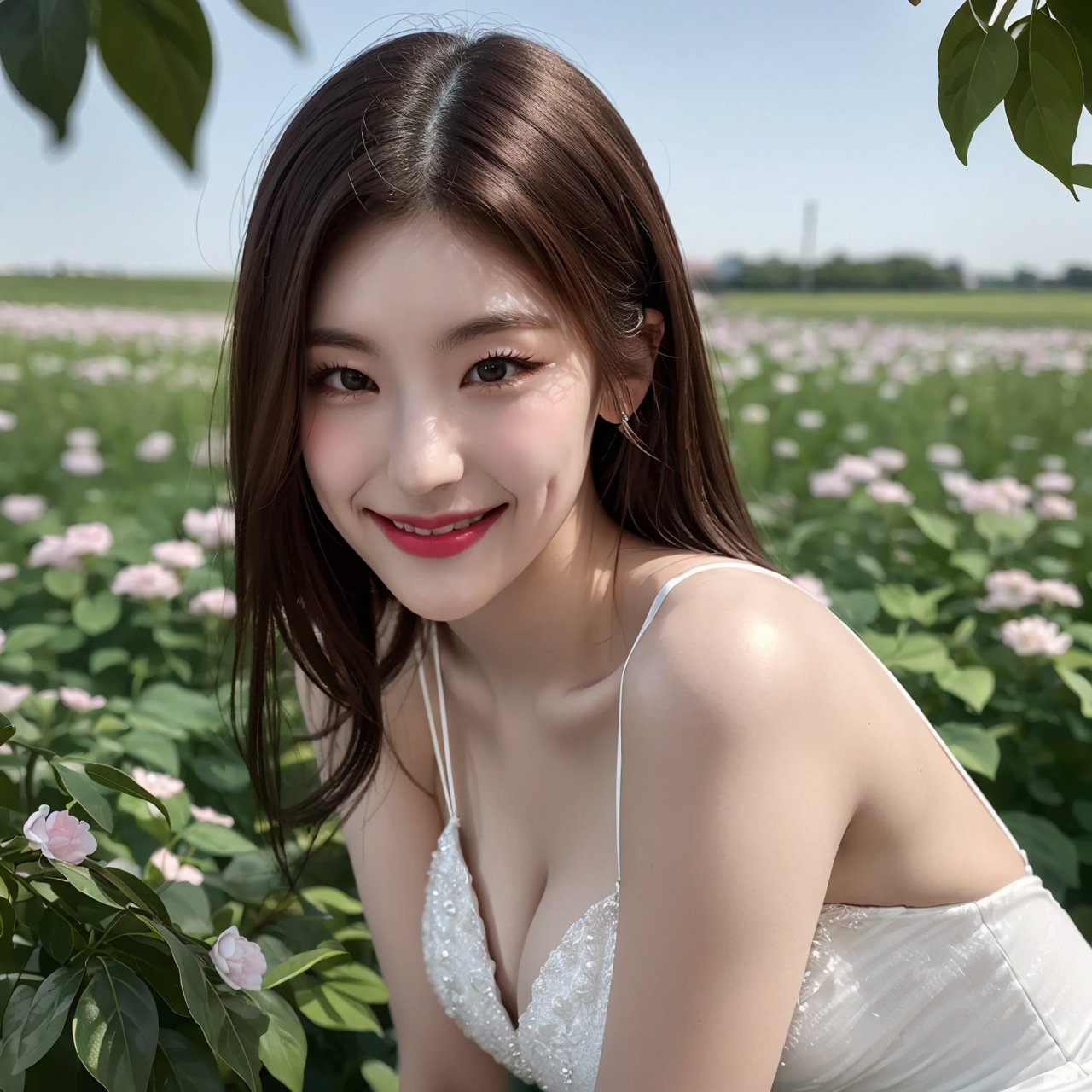 photorealistic, masterpiece, best quality, raw photo, 1girl, korean, beautiful face, extremely detailed face, (summer dress:1.2), flower field, character focus, seductive smile, cleavage, kneeling, knees, dynamic lighting, in the dark, deep shadow, low key, cowboy shot,yejiltzy