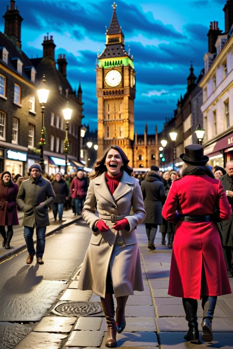 Craft a heartwarming narrative capturing the joyous spirit of Christmas in the bustling streets near London's iconic Big Ben. Focus on a vivacious 30-something white British character radiating happiness. This person, adorned in festive trade attire embellished with the unmistakable Union Jack pattern, adds a touch of national pride to the scenic surroundings. Immerse the reader in the lively atmosphere of the season, with the Big Ben standing tall in the background, and convey the contagious merriment as the character interacts with the cheerful holiday crowd. Explore the sights, sounds, and emotions of this festive street scene, making the reader feel the warmth and unity of the holiday season in the heart of London