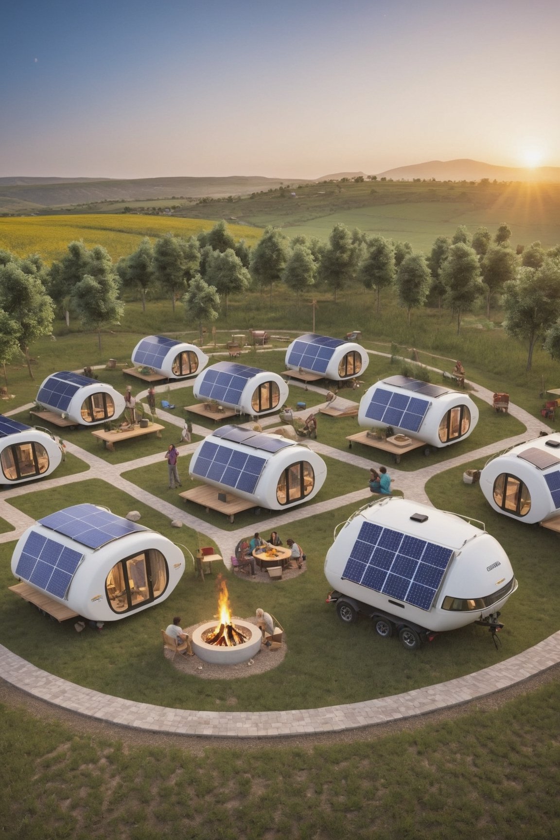 "Step into the heart of a self-sufficient community, where a unique blend of mobility and sustainability defines the way of life. Imagine a semi-circle arrangement of RVs and trailers, each equipped with solar panels and wind turbines adorning their roofs. In this close-knit village, residents embrace a nomadic lifestyle without compromising their commitment to a sustainable future.

As the sun sets, the focal point of this community comes to life—a campfire surrounded by outdoor tables and chairs, creating a communal space where villagers come together to share stories, laughter, and music. Explore the vibrant atmosphere as the residents happily engage in conversations, play musical instruments, and dance under the open sky, forging connections against the backdrop of renewable energy sources.

Dive into the intricacies of life within this mobile, eco-friendly community. Investigate how the RVs and trailers serve as both homes and symbols of environmental consciousness. Delve into the challenges and triumphs of sustaining a self-sufficient lifestyle on the move, powered by renewable energy. Explore the innovative solutions the villagers have adopted to maintain their ecological footprint in check while fostering a strong sense of community.

Examine the ways in which the campfire becomes a nucleus for social bonding, providing warmth and light to both the physical and emotional aspects of communal life. Uncover the stories of individuals who have chosen this alternative lifestyle and the reasons behind their decision. What lessons can be drawn from their experiences, and how does this nomadic, sustainable community contribute to the larger discourse on environmental responsibility?

Immerse yourself in the daily routines, celebrations, and shared responsibilities that define the stability of this unique community. Through your exploration, reveal the secrets of their harmonious and stable diffusion in a world where sustainability is not just a concept but a way of life on the move."