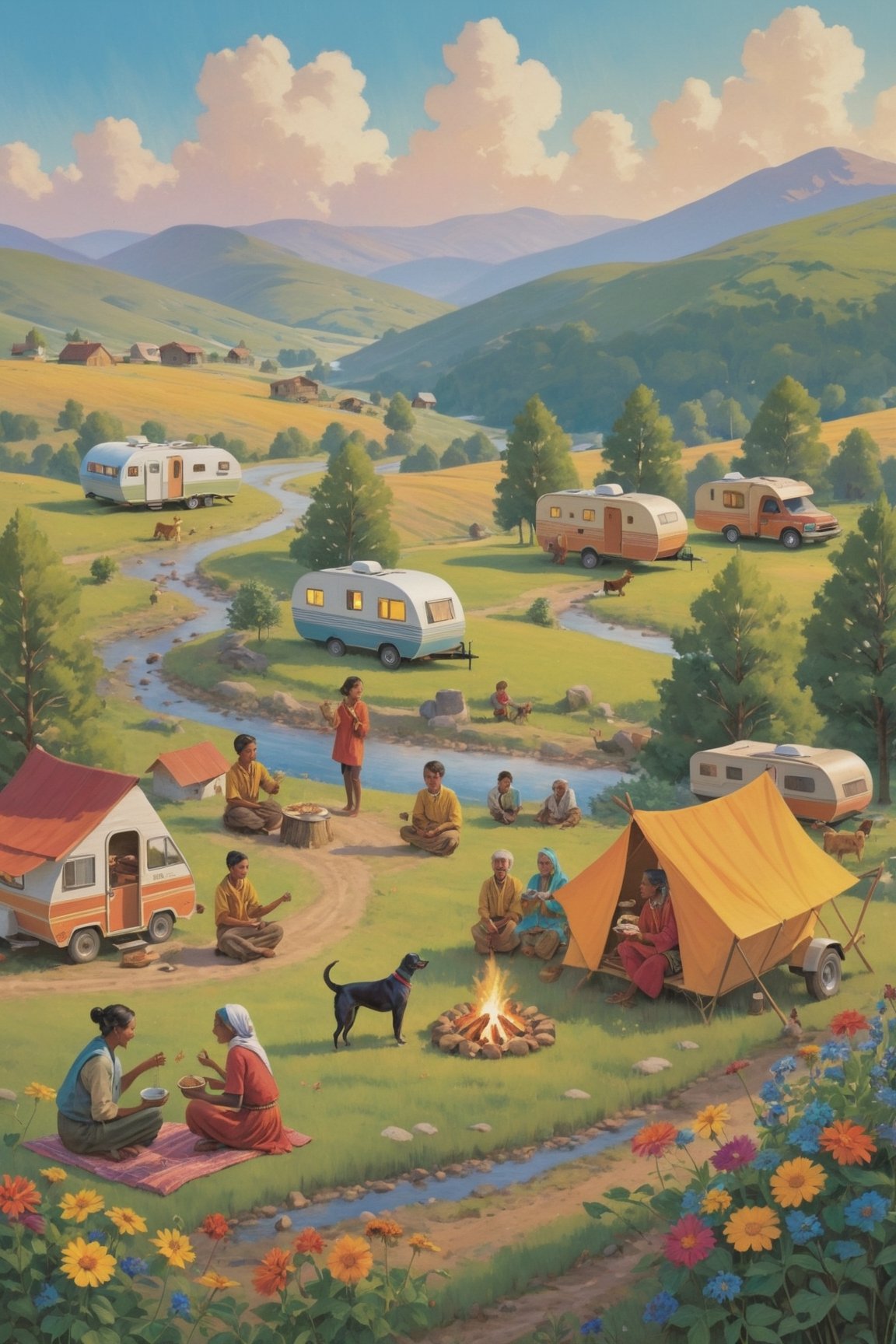 Scene: A serene, sun-drenched valley nestled amidst rolling hills. A semicircle of vibrant RVs and trailers, their roofs adorned with gleaming solar panels and gentle wind turbines, forms a cozy community. In the heart of the semicircle, a crackling campfire casts warm hues on laughter-filled faces.

Foreground:

Villagers of all ages gather around the campfire, their voices blending in joyful conversation. Musicians strum guitars and tap on drums, their melodies weaving through the air. Children twirl and dance, their laughter echoing like wind chimes.
A communal table laden with fresh-baked bread, colorful fruits, and steaming mugs of tea invites sharing and laughter. A playful dog bounds between the legs of villagers, tail wagging like a metronome.
Smoke from the campfire dances upwards, carrying the scent of pine and roasted marshmallows. The air is alive with the chirping of crickets and the rustling of leaves.
Background:

Sunlight bathes the RVs and trailers in warm gold, reflecting off their polished surfaces. Clotheslines strung between them flutter with brightly colored garments.
In the distance, a rustic garden flourishes with vegetables and herbs, tended to by villagers with sun-kissed faces. Wind turbines gently spin atop a nearby hill, their blades whispering in the breeze.
A meandering stream glistens like a ribbon in the sunlight, its banks dotted with wildflowers and buzzing with bees.
Mood:

Peaceful, joyful, and harmonious. A sense of community and self-sufficiency radiates from the scene.
Capture the vibrant colors of the RVs, the warm glow of the campfire, and the carefree expressions on the villagers' faces.
Let the music and laughter dance through the image, creating a sense of movement and life.