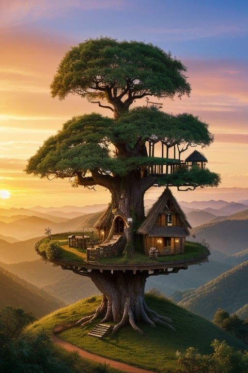 valley, fairytale treehouse village covered, , matte painting, highly detailed, dynamic lighting, cinematic, realism, realistic, photo real, sunset, detailed, high contrast, denoised, centered, michael whelan