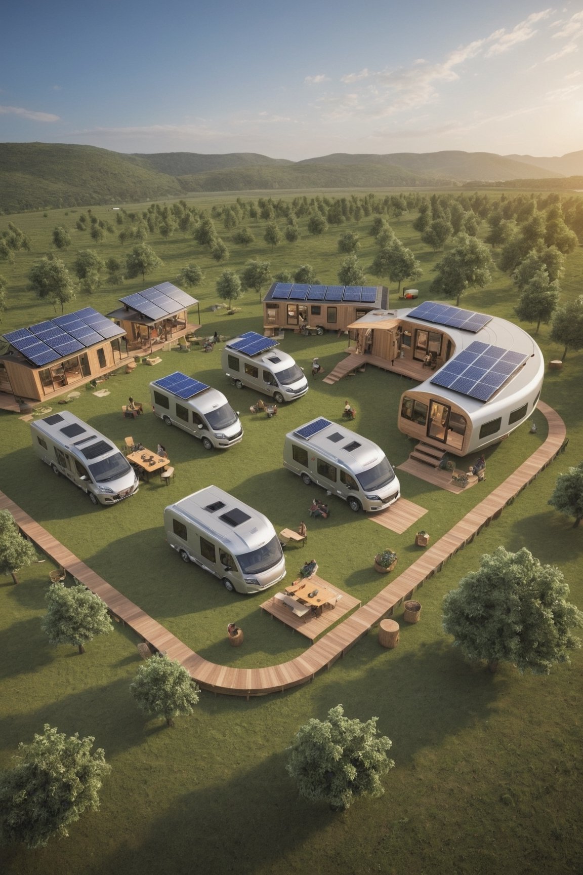 "Step into the heart of a self-sufficient community, where a unique blend of mobility and sustainability defines the way of life. Imagine a semi-circle arrangement of RVs and trailers, each equipped with solar panels and wind turbines adorning their roofs. In this close-knit village, residents embrace a nomadic lifestyle without compromising their commitment to a sustainable future.

As the sun sets, the focal point of this community comes to life—a campfire surrounded by outdoor tables and chairs, creating a communal space where villagers come together to share stories, laughter, and music. Explore the vibrant atmosphere as the residents happily engage in conversations, play musical instruments, and dance under the open sky, forging connections against the backdrop of renewable energy sources.

Dive into the intricacies of life within this mobile, eco-friendly community. Investigate how the RVs and trailers serve as both homes and symbols of environmental consciousness. Delve into the challenges and triumphs of sustaining a self-sufficient lifestyle on the move, powered by renewable energy. Explore the innovative solutions the villagers have adopted to maintain their ecological footprint in check while fostering a strong sense of community.

Examine the ways in which the campfire becomes a nucleus for social bonding, providing warmth and light to both the physical and emotional aspects of communal life. Uncover the stories of individuals who have chosen this alternative lifestyle and the reasons behind their decision. What lessons can be drawn from their experiences, and how does this nomadic, sustainable community contribute to the larger discourse on environmental responsibility?

Immerse yourself in the daily routines, celebrations, and shared responsibilities that define the stability of this unique community. Through your exploration, reveal the secrets of their harmonious and stable diffusion in a world where sustainability is not just a concept but a way of life on the move."
