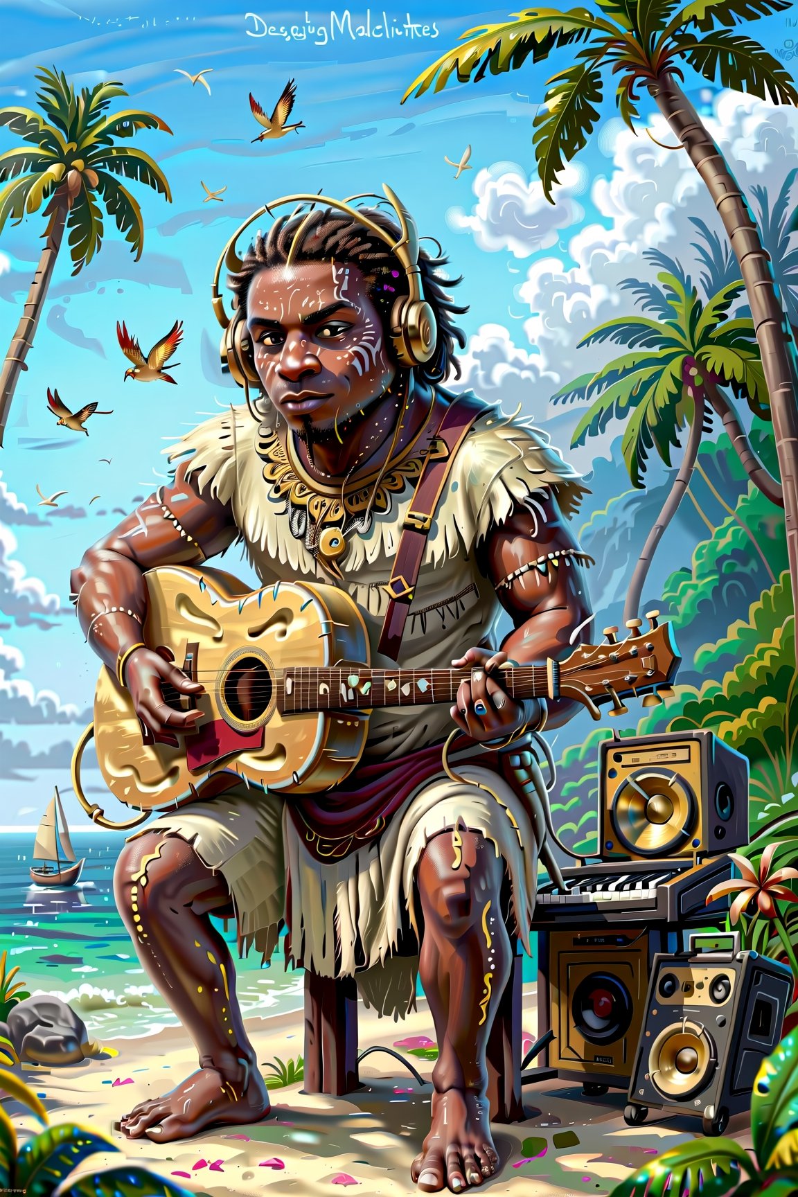Craft a stable diffusion prompt centered around an African American music producer in a serene coastal setting. Imagine a male musician surrounded by electronic music production equipment, instruments, and gear outdoors, against the backdrop of a beach with coconut trees. Highlight the positivity radiating from the artist and emphasize his short hair and rich, dark skin tone. Encourage the portrayal of a scene where this talented African American musician is deeply engaged in the creative process, expressing his love for music within the beauty of the natural surroundings.






Craft a stable diffusion prompt centered around an African American music producer in a serene coastal setting. Imagine a male musician surrounded by electronic music production equipment, instruments, and gear outdoors, against the backdrop of a beach with coconut trees. Highlight the positivity radiating from the artist and emphasize his short hair and rich, dark skin tone. Encourage the portrayal of a scene where this talented African American musician is deeply engaged in the creative process, expressing his love for music within the beauty of the natural surroundings