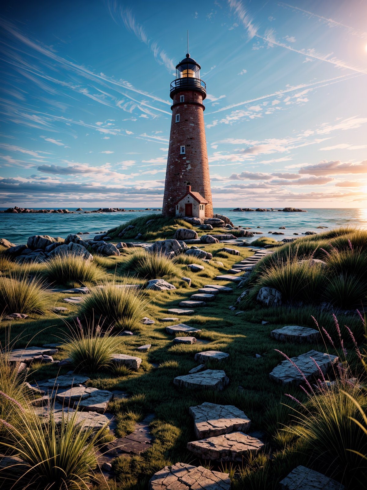 light house, by the sea, rock,wood house,grass,  (masterpiece),((ultra-detailed)), (highly detailed CG illustration),(expressionless), (best quality:1.2), High quality texture, intricate details, detailed texture, High quality shadow, Cinematic Light, Depth of field, light source contrast, perspective,20s, (ulzzang-6500-v1.1:0.5), , ,