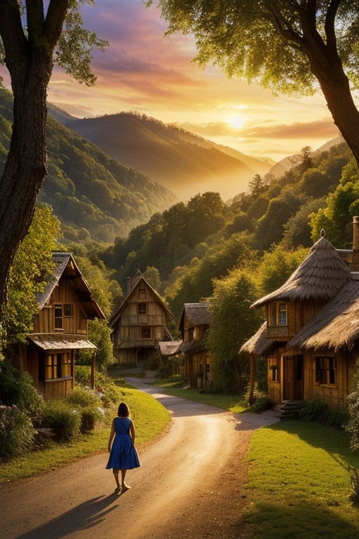 valley, fairytale treehouse village covered, , matte painting, highly detailed, dynamic lighting, cinematic, realism, realistic, photo real, sunset, detailed, high contrast, denoised, centered, michael whelan