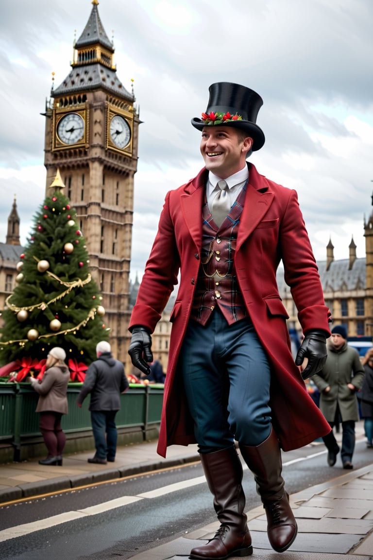 Craft a heartwarming narrative capturing the joyous spirit of Christmas in the bustling streets near London's iconic Big Ben. Focus on a lively and cheerful British man in his 30s, radiating happiness amidst the festive setting. Dressed in trade attire adorned with the unmistakable Union Jack pattern, this male character adds a touch of national pride to the scenic surroundings. Immerse the reader in the vibrant atmosphere of the season, with the Big Ben standing tall in the background. Convey the contagious merriment as the character interacts with the festive holiday crowd. Explore the sights, sounds, and emotions of this Christmas street scene, making the reader feel the warmth and unity of the holiday season in the heart of London