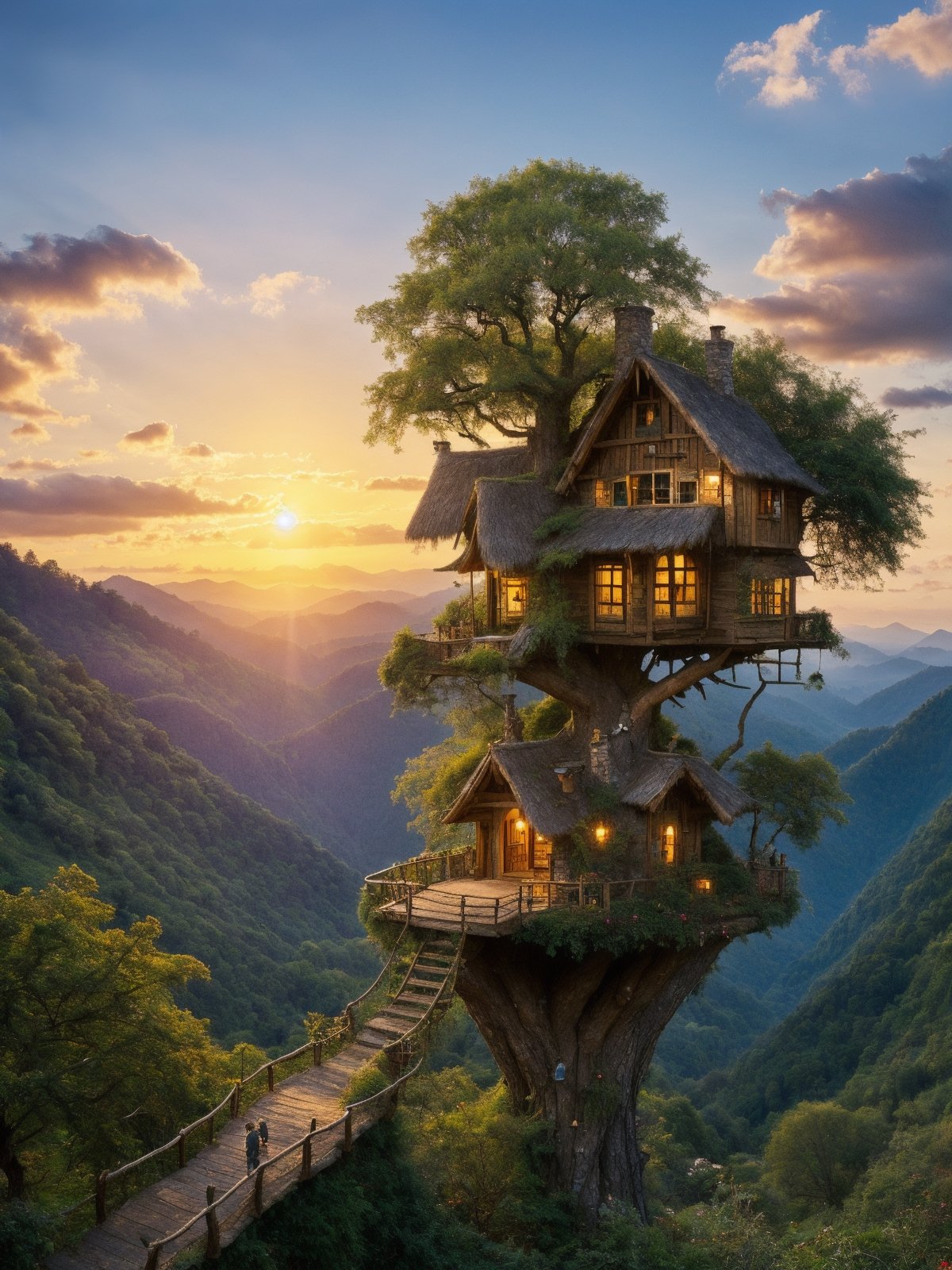 valley, fairytale treehouse village covered, , matte painting, highly detailed, dynamic lighting, cinematic, realism, realistic, photo real, sunset, detailed, high contrast, denoised, centered, michael whelan