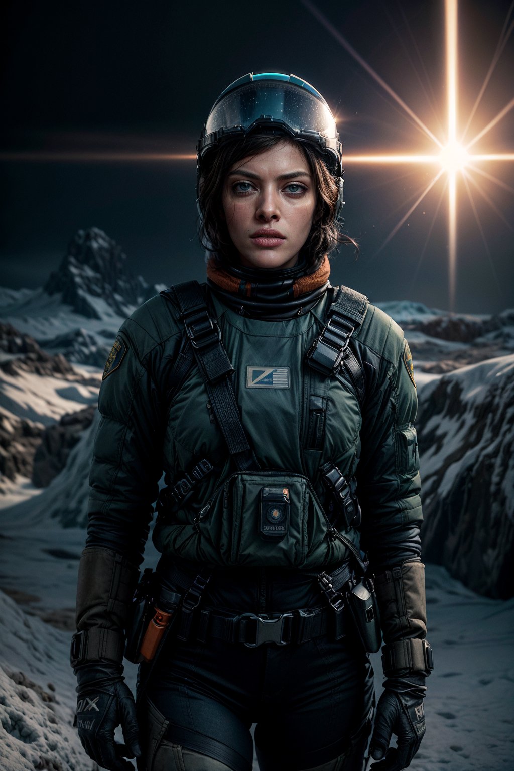 close up photography, Milla jovovich police officer with cyan clothes, holding broken helmet, orange exploration vehicle  in the background on ice planet landscape, sunny, dramatic lighting, film , mutted color pallete, imax, color grading,xxmix girl woman,Interstellar,Indian