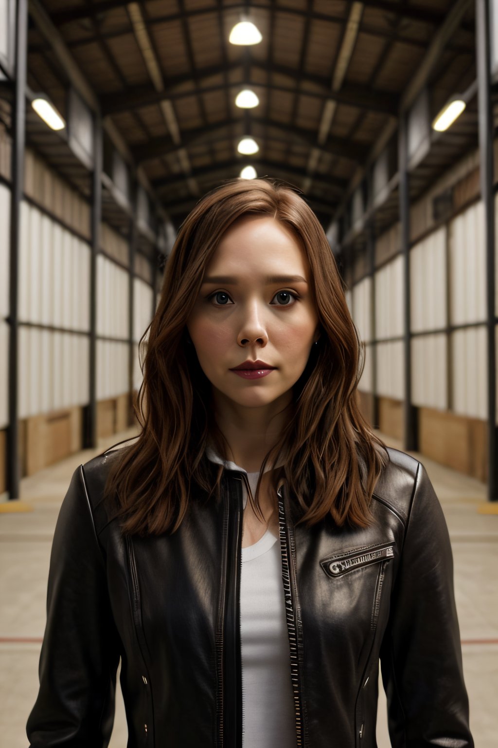 Photorealistic, Elizabeth Olsen,Ellen Page, facial portrait, sexy stare, smirked, x-men outfit, inside hangar, 