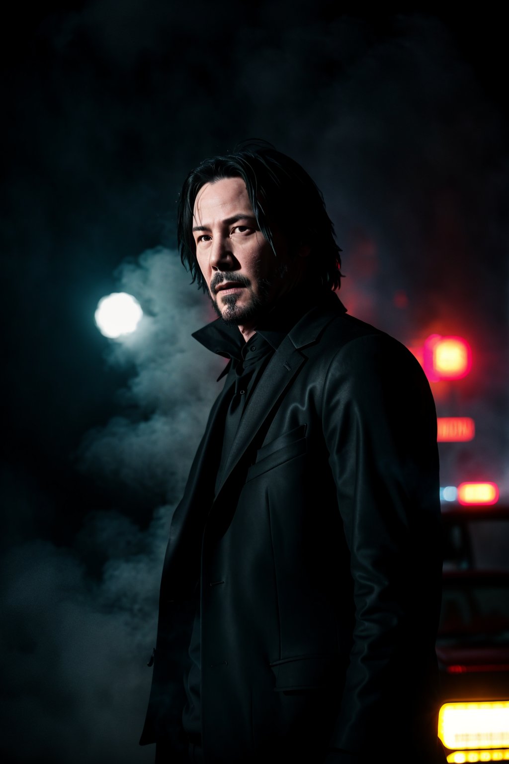 guiltys, a detective Keanu Reeves, tuxedo on, thriller theme, upper body, deal with it, serious theme, dramatic mood, (bokeh:1.1), depth of field, style of Casey Baugh, tracers, vfx, splashes, light particles, police departament background, signs, illustration, artstation, smoke, fog, steam , with a beautiful lady 