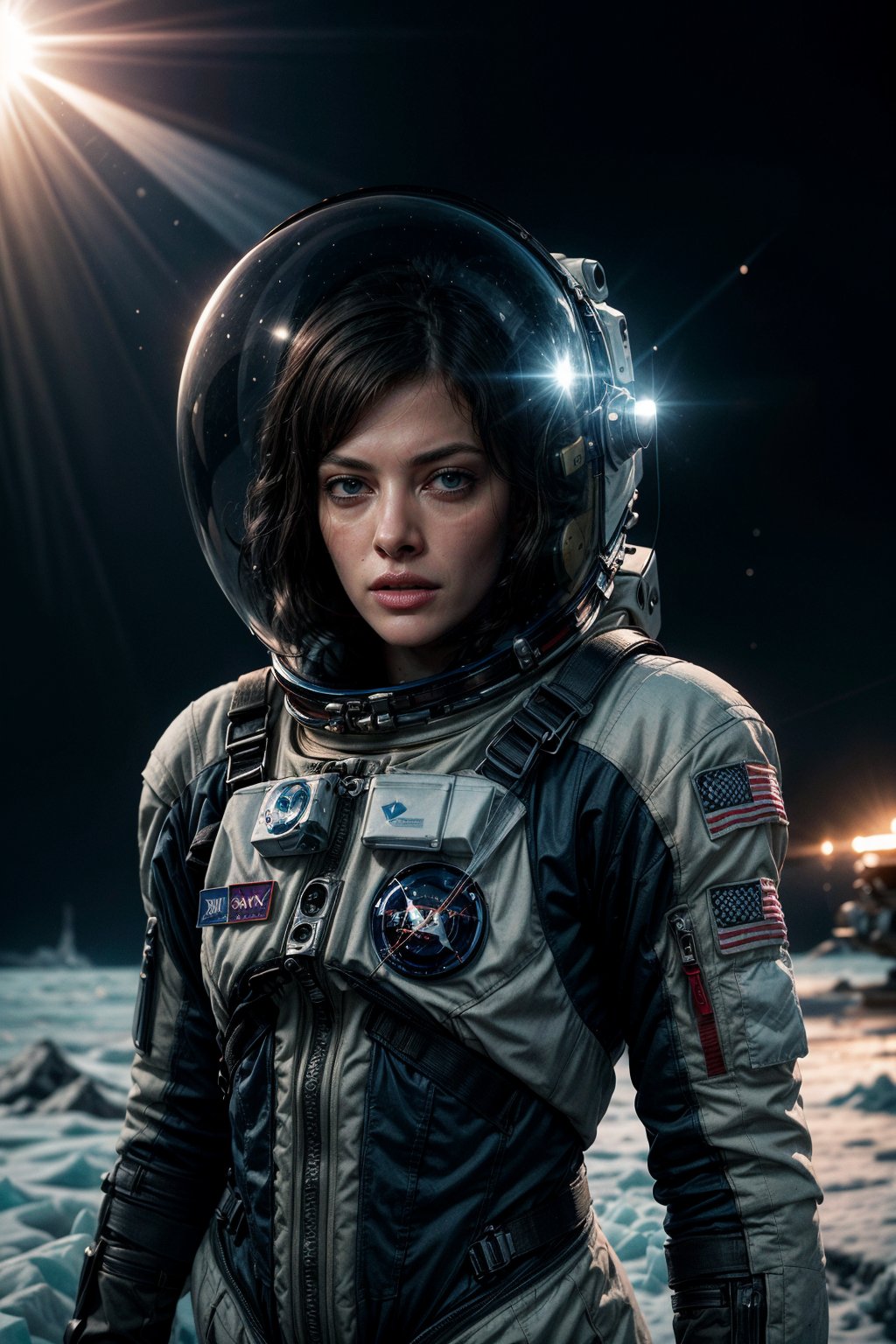 close up photography, Milla jovovich astronaut with cyan clothes, holding broken helmet, orange exploration vehicle  in the background on ice planet landscape, sunny, dramatic lighting, film , mutted color pallete, imax, color grading,xxmix girl woman,Interstellar,Indian